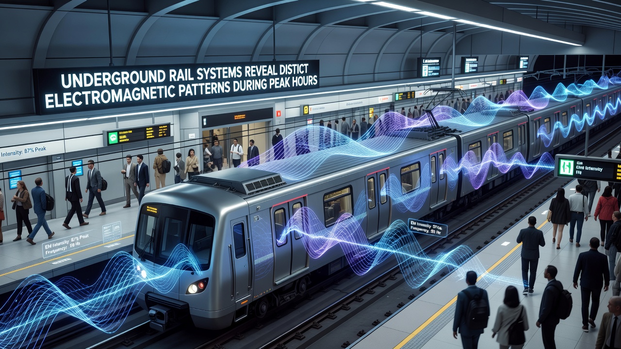 Graph showing electromagnetic spectrum peaks recorded on an underground line during morning rush hour versus midday service